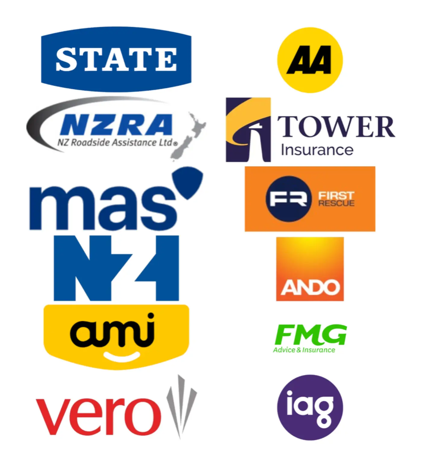 Logos of New Zealand insurers and roadside services, including State, AA Insurance, Tower, AMI, NZI, Vero, FMG and IAG.