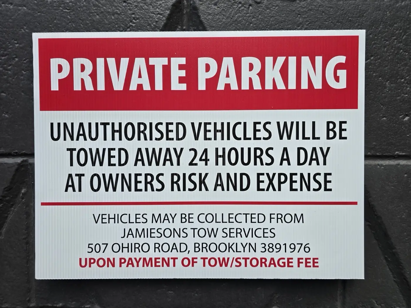 A Jamieson's private parking warning sign.